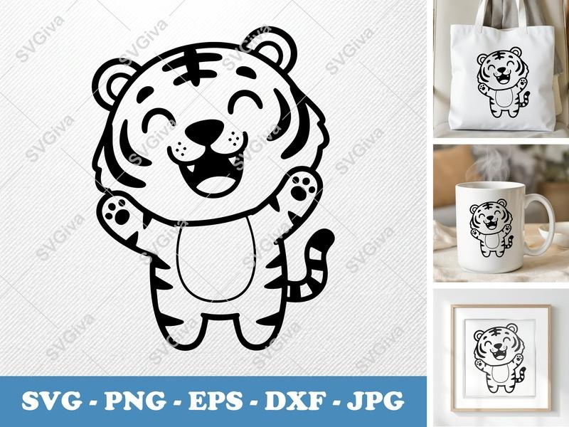 Tiger SVG, Cute Happy Waving Cub, Modern Cartoon Animal Cut File for Cricut, Silhouette | PNG, EPS, DXF Included