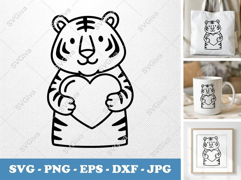 Tiger SVG, Cute Heart Design, Animal Love Clipart, PNG EPS DXF for Cricut & Silhouette, Modern Kawaii Wild Cat