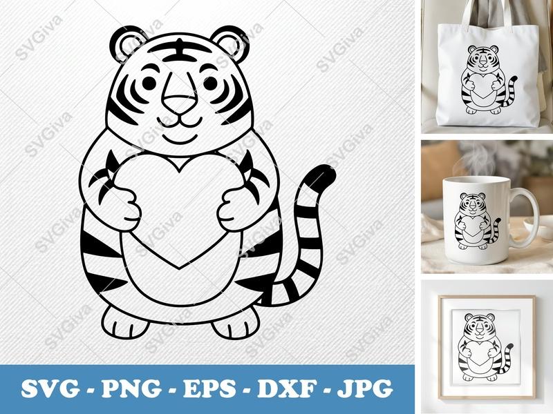 Tiger SVG, Cute Heart Tiger Cut File, Modern Animal Clip Art, PNG EPS DXF for Cricut, Silhouette, Love Design, Valentine