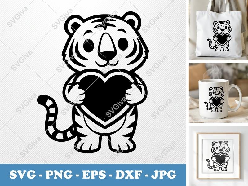 Tiger SVG, Cute Heart Tiger Cut File, Modern Animal Clipart, PNG EPS DXF for Cricut & Silhouette, Love Design