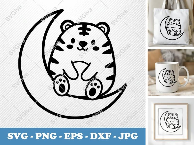 Tiger SVG, Cute Moon Tiger Clipart, Baby Animal Cut File, Kawaii Design | PNG EPS DXF for Cricut, Silhouette