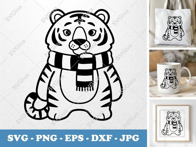 Tiger SVG, Cute Striped Tiger with Scarf Design, PNG EPS DXF for Cricut & Silhouette, Modern Animal Clipart