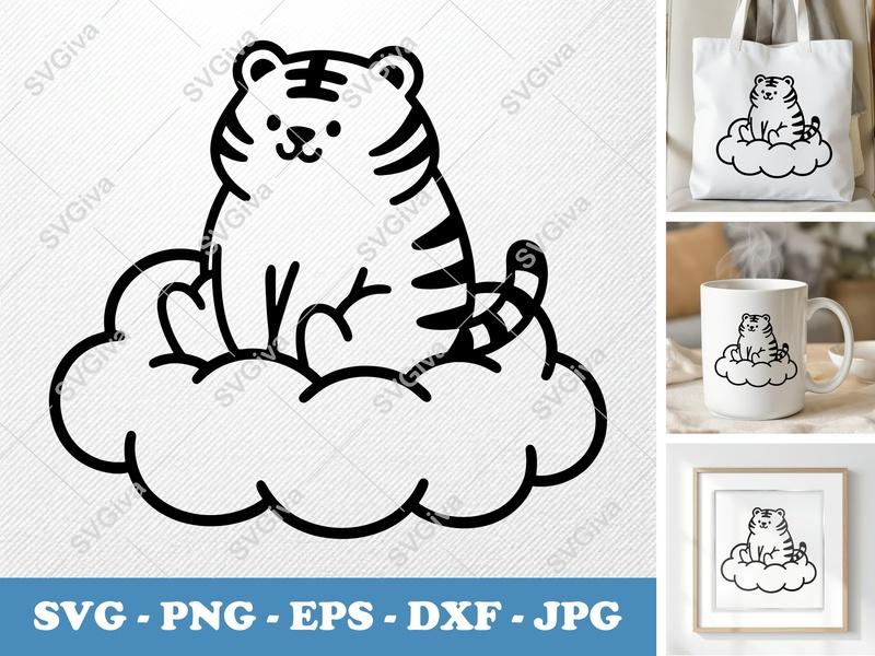 Tiger SVG | Cute Tiger on Cloud | Kawaii Animal Cut File | PNG EPS DXF for Cricut, Silhouette