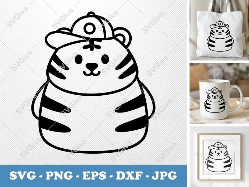 Tiger SVG | Cute Tiger with Cap Design, Modern Clean Line Art | PNG EPS DXF for Cricut Silhouette