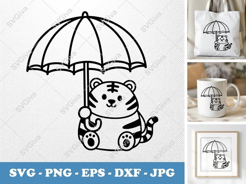 Tiger SVG Cute Umbrella Design | Kawaii Animal Clip Art | PNG EPS DXF for Cricut, Silhouette | Baby Kids Craft File