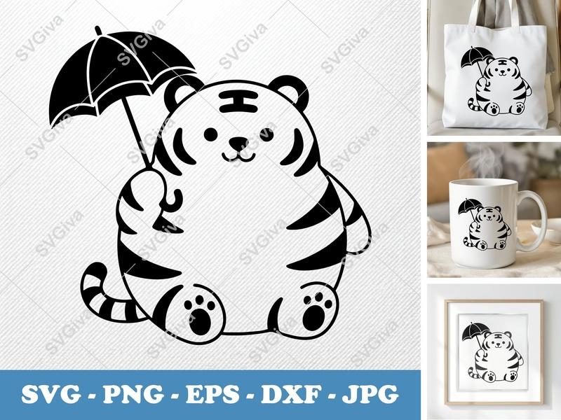Tiger SVG, Cute Umbrella Tiger PNG, EPS, DXF for Cricut | Cartoon Animal Cut File, Silhouette Design