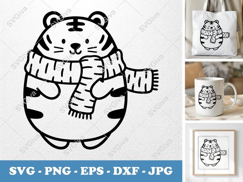 Tiger SVG, Cute Winter Scarf Animal, PNG, EPS, DXF for Cricut & Silhouette, Cartoon Kawaii Design, Digital Download
