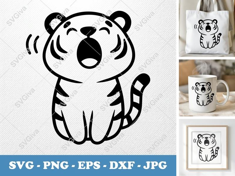 Tiger SVG, Cute Yawning Roaring Tiger Clipart, PNG EPS DXF for Cricut & Silhouette, Modern Animal Cut File, Kids Craft