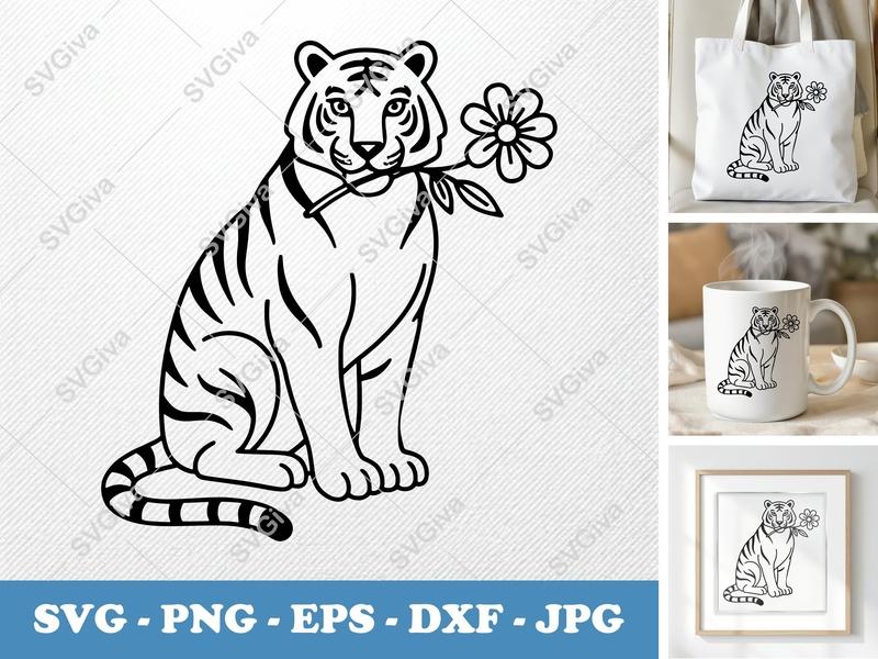 Tiger SVG, Flower in Mouth, Modern Line Art, PNG EPS DXF for Cricut & Silhouette, Digital Download, Wild Animal Clipart