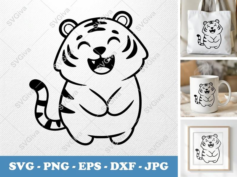 Tiger SVG, Happy Cartoon Tiger Cut File, Modern Animal Clipart, PNG EPS DXF for Cricut & Silhouette, Cute Roaring Tiger Design