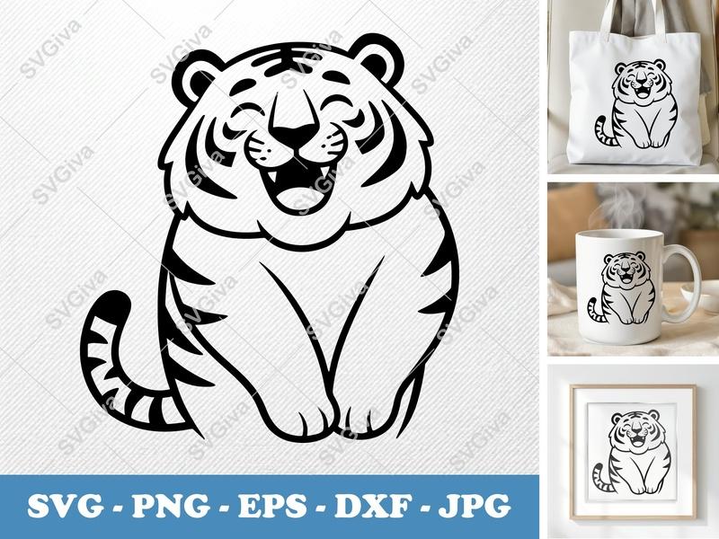 Tiger SVG | Happy Puffy Animal Cut File | Inflated Pillow Soft Design | PNG DXF EPS | Cricut Silhouette