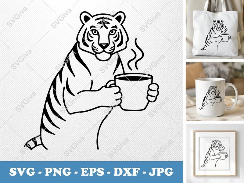 Tiger SVG, Modern Clean Design, Coffee Mug, Steaming Tea Cup, PNG EPS DXF for Cricut & Silhouette, Animal Clip Art