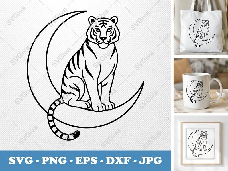 Tiger SVG, Moon Modern Design | Animal Clipart, Wild Cat Vector | PNG EPS DXF for Cricut, Silhouette Cut File