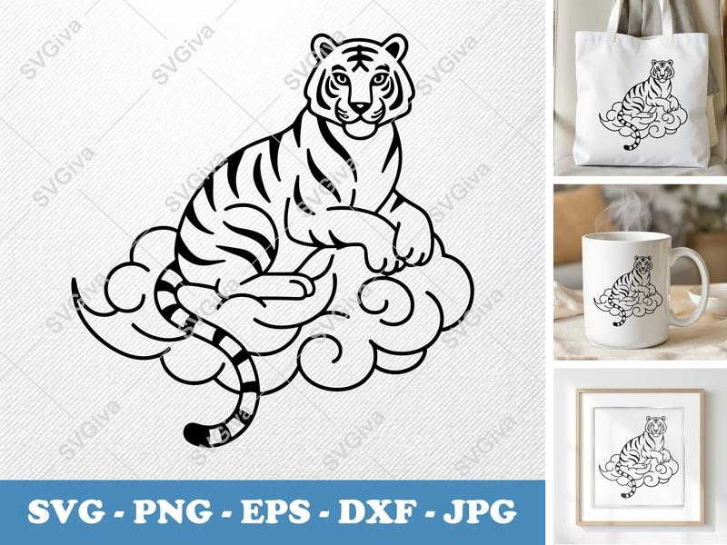 Tiger SVG on Cloud, Modern Clean Line Art, PNG EPS DXF | Cricut & Silhouette Cut File, Digital Download
