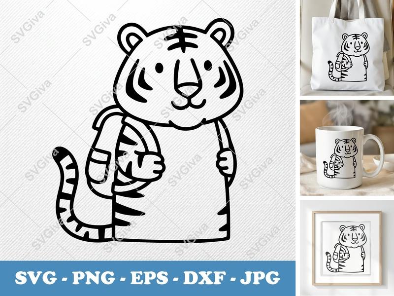 Tiger wearing backpack SVG | Cute Bean-Shaped Animal | Cricut Silhouette | PNG DXF EPS