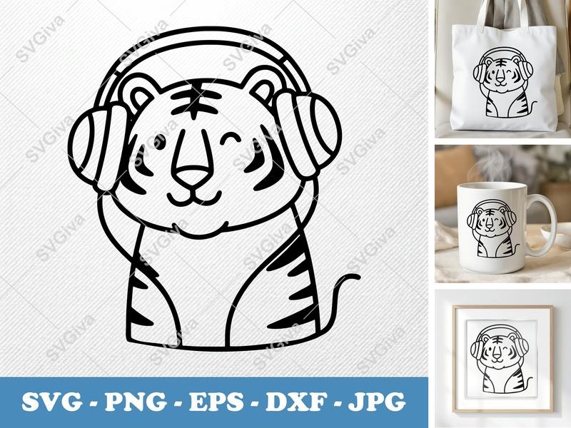 Tiger Wearing Headphones SVG | Friendly Bean-Shaped Cut File | Rounded Body PNG DXF EPS | Cricut Silhouette Design