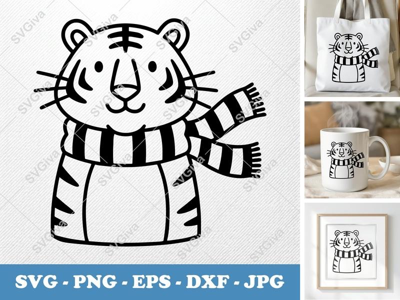 Tiger Wearing Scarf SVG | Friendly Rounded Body Bean-Shaped Cut File | PNG, DXF, EPS for Cricut & Silhouette