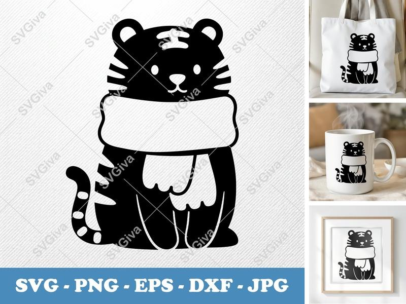 Tiger Wearing Scarf SVG | Puffy Soft Forms | Inflated Pillow-Soft Design | PNG DXF EPS | Cricut Silhouette File