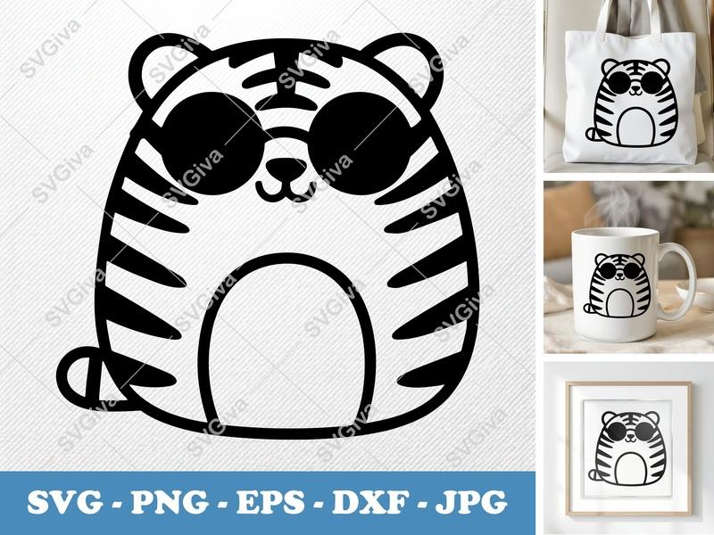 Tiger Wearing Sunglasses SVG | Cute Animal Cut File PNG DXF EPS for Cricut Silhouette