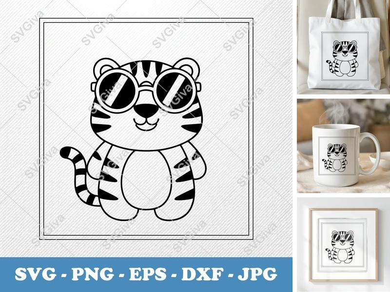 Tiger Wearing Sunglasses SVG | Friendly Rounded Body Bean-Shaped Cut File | PNG DXF EPS for Cricut Silhouette