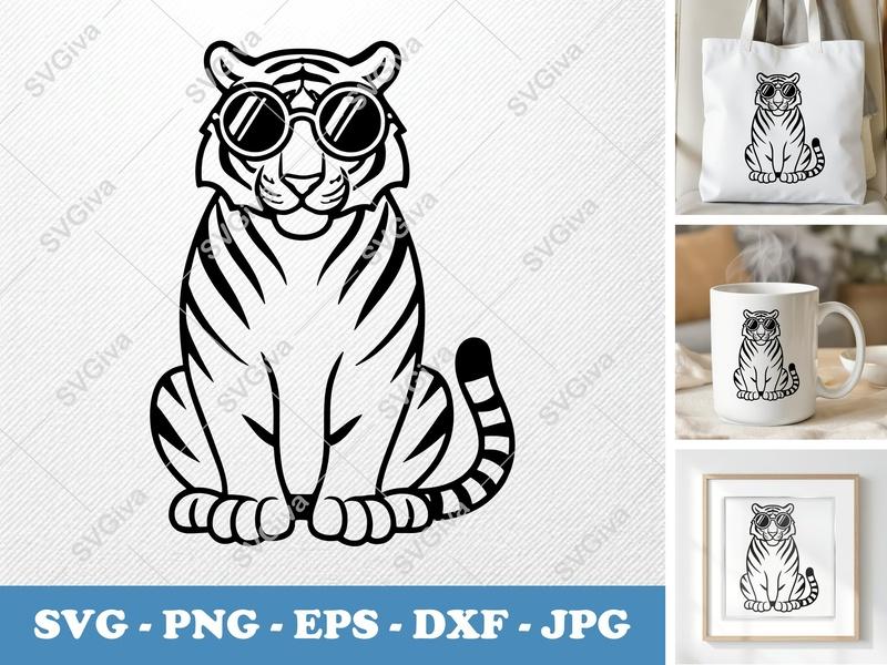 Tiger Wearing Sunglasses SVG PNG DXF EPS | Animal Cut File for Cricut Silhouette