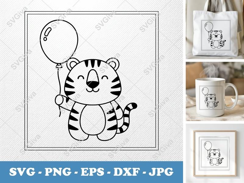 Tiger with balloon SVG, Friendly Rounded Body Bean-Shaped Forms | PNG DXF EPS | Cricut Silhouette File