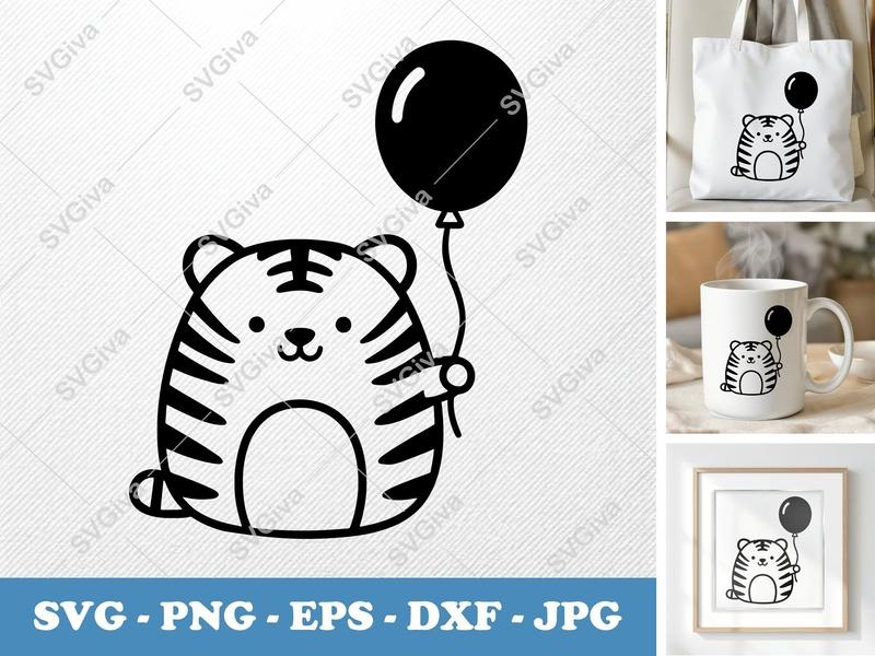 Tiger with Balloon SVG PNG DXF EPS | Cute Animal Cut File for Cricut Silhouette