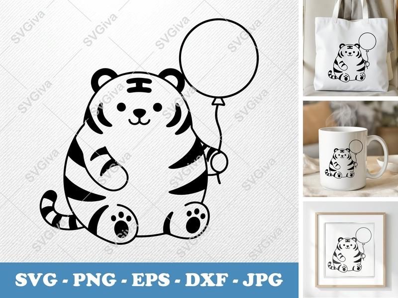 Tiger with Balloon SVG | Puffy Soft Kawaii | Inflated Pillow Art | PNG DXF EPS | Cricut Silhouette File