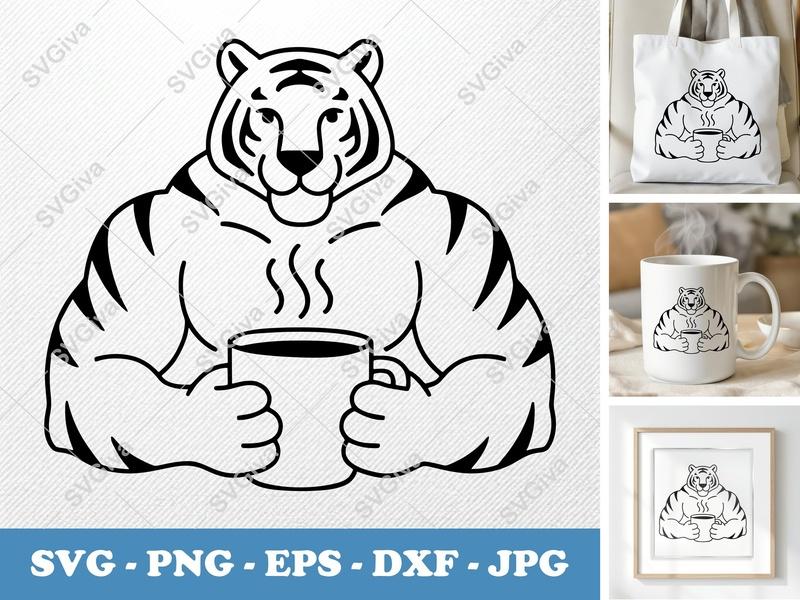 Tiger with Coffee Cup SVG | Bold Contour Minimalist Design | PNG DXF EPS | Cricut Silhouette File