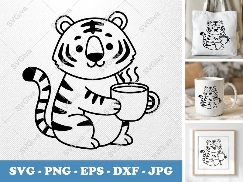 Tiger with Coffee Cup SVG PNG DXF EPS | Cute Animal Cut File | Cricut Silhouette Vector