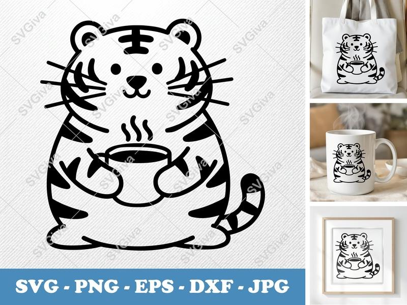 Tiger with Coffee Cup SVG | Puffy Inflated Pillow-Soft | PNG DXF EPS | Cricut Silhouette File