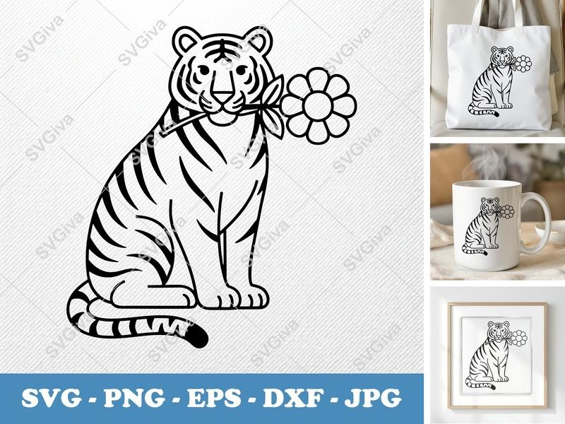 Tiger with Flower SVG | Double-Outline Minimalist Art | Thick Contour, Thin Lines | PNG DXF EPS for Cricut Silhouette