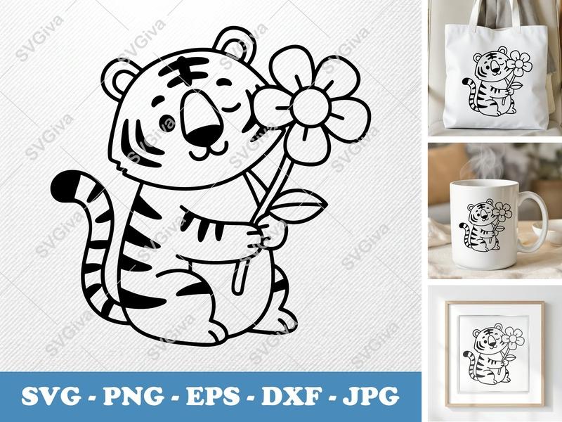 Tiger with Flower SVG PNG DXF EPS | Cute Animal Cut File Cricut Silhouette Vector