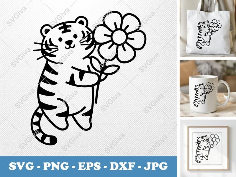 Tiger with Flower SVG | Puffy Soft Shapes Cut File | PNG DXF EPS for Cricut & Silhouette | Inflated Look Design