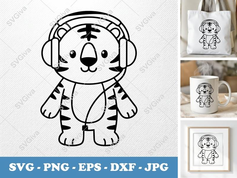 Tiger with Headphones SVG, Cute Cartoon Animal PNG EPS DXF | Cricut & Silhouette Cut File, Modern Clean Art