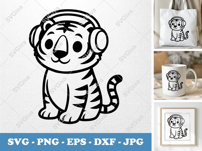 Tiger with Headphones SVG, Cute Cartoon Animal PNG EPS DXF | Cricut & Silhouette Cut File | Modern Clean Design
