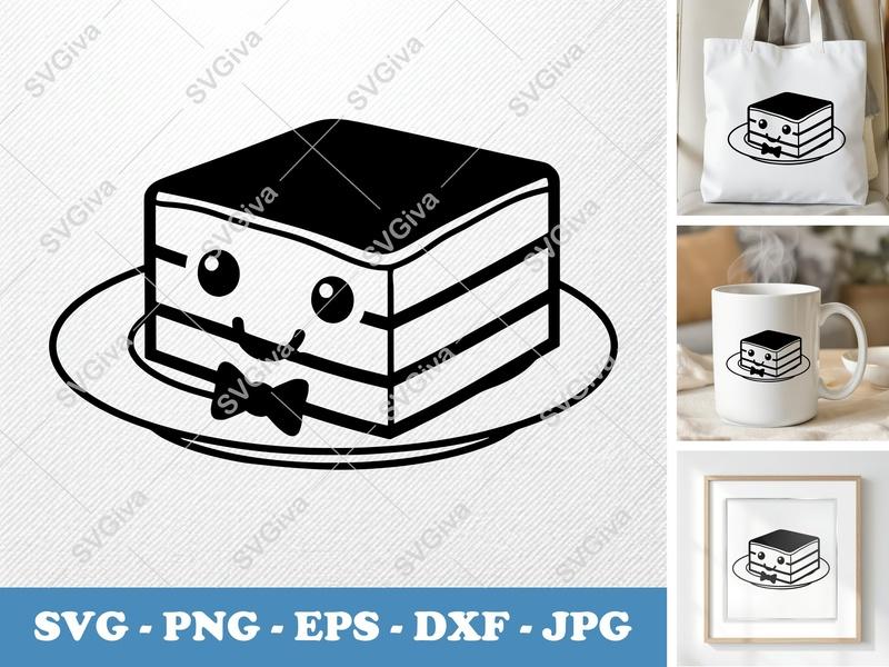 Tiramisu SVG, Cute Cartoon Dessert on Plate, Kawaii Food Clip Art, PNG EPS DXF | Cricut Silhouette Cut File, Modern Sweet Treat