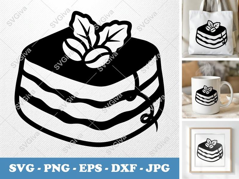 Tiramisu SVG | Modern Cake Slice, Coffee Beans, Leaves | PNG EPS DXF | Cricut Silhouette Cut File