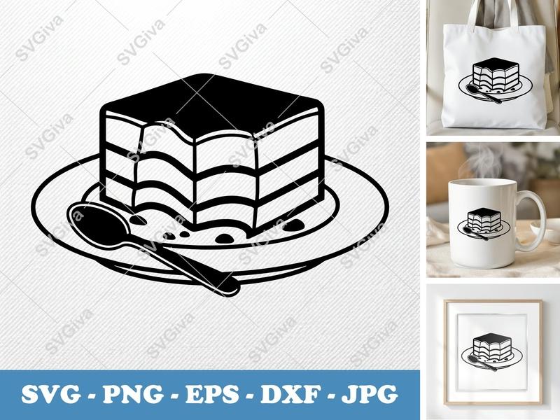 Tiramisu SVG, Modern Clean Dessert Cut File | PNG EPS DXF for Cricut, Silhouette | Cake Slice, Spoon, Plate Clipart