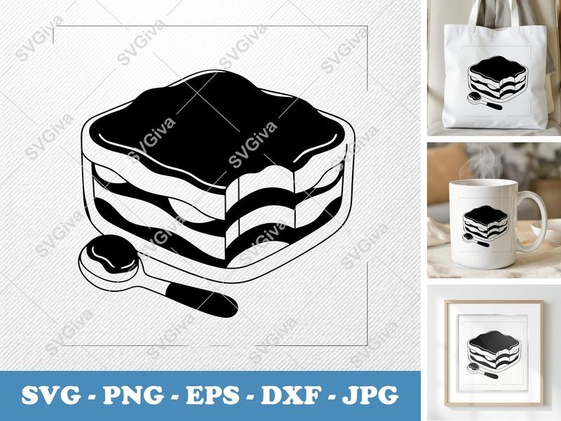 Tiramisu SVG | Modern Dessert Slice with Spoon | PNG EPS DXF | Cricut Silhouette Cut File | Food Clipart Vector