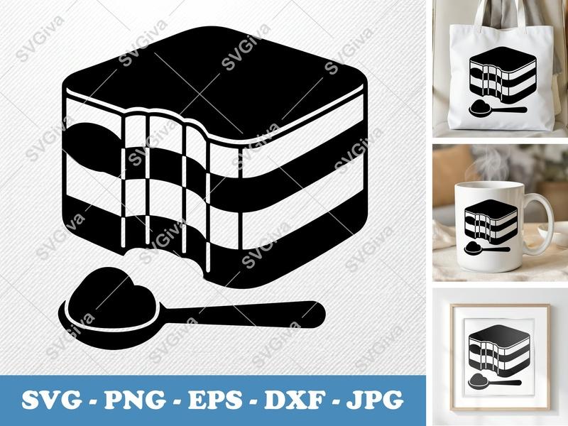 Tiramisu SVG | Modern Dessert Slice with Spoon | PNG EPS DXF for Cricut, Silhouette | Sweet Treat Cut File