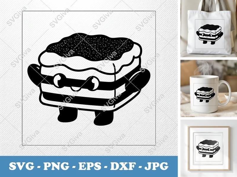 Tiramisu with Smiling Face SVG, Puffy Pillow Soft Design, PNG DXF EPS | Cricut Silhouette File, Kawaii Dessert Vector
