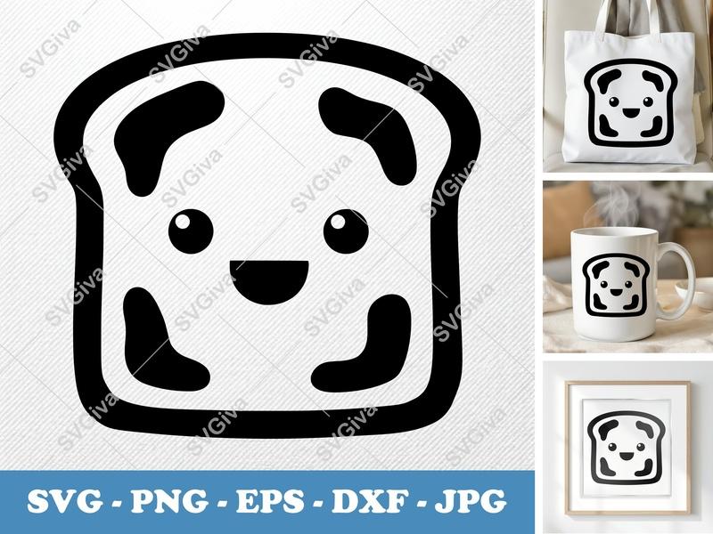 Toast SVG Kawaii Cute Bread Face | PNG EPS DXF | Cricut Silhouette File | Breakfast Food Clipart Outline | Modern Clean Design