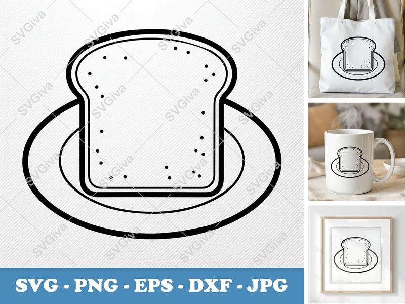 Toast SVG | Simple Bread Slice with Plate Design, Food Kitchen Clipart | PNG EPS DXF for Cricut & Silhouette