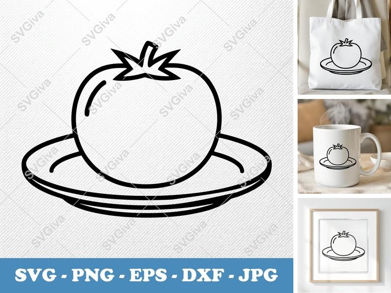 Tomato on a Plate SVG | Minimalist Line Art | Bold Contour | PNG DXF EPS | Cricut Silhouette File