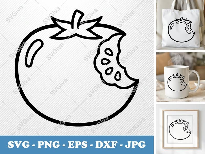 Tomato SVG, Bitten Tomato Cut File, Modern Vegetable Design, PNG EPS DXF for Cricut & Silhouette, Kitchen Decor Clipart