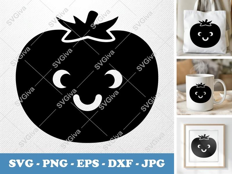 Tomato SVG, Happy Face Modern Clean Design, PNG EPS DXF, Cricut Silhouette Cut File, Cute Vegetable Clipart