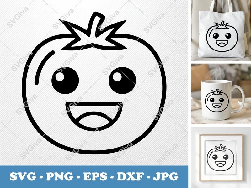 Tomato with Smiling Face SVG | Kawaii Minimalist Character Outline | PNG DXF EPS | Cricut Silhouette File