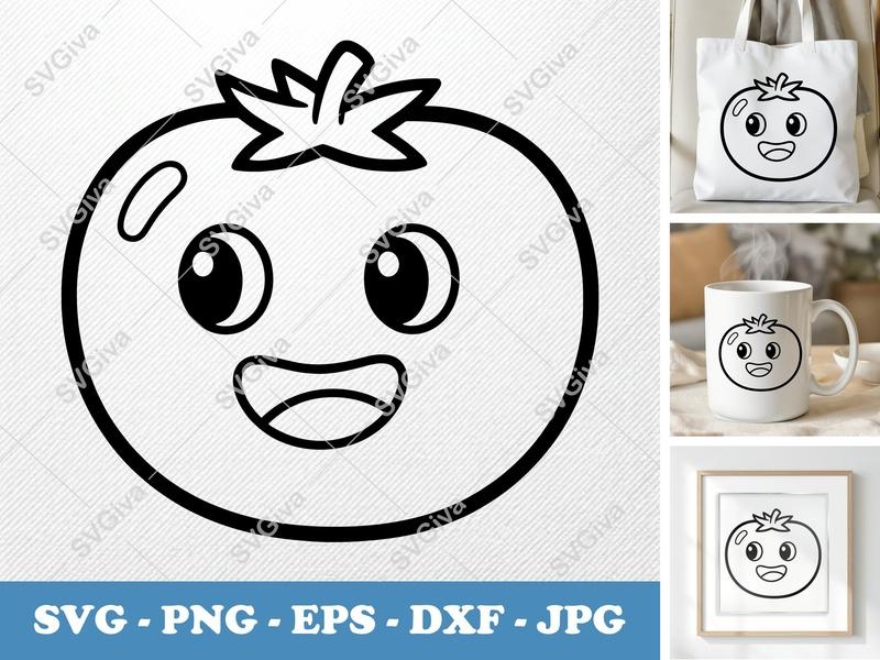 Tomato with Smiling Face SVG | Rounded Friendly Bean-Shaped Forms | PNG DXF EPS | Cricut Silhouette File