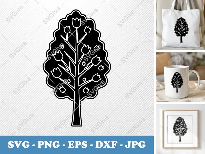 Tulip Tree alone SVG | Solid Black Fill, White Contour Line | PNG, EPS, DXF for Cricut, Silhouette Cut Files